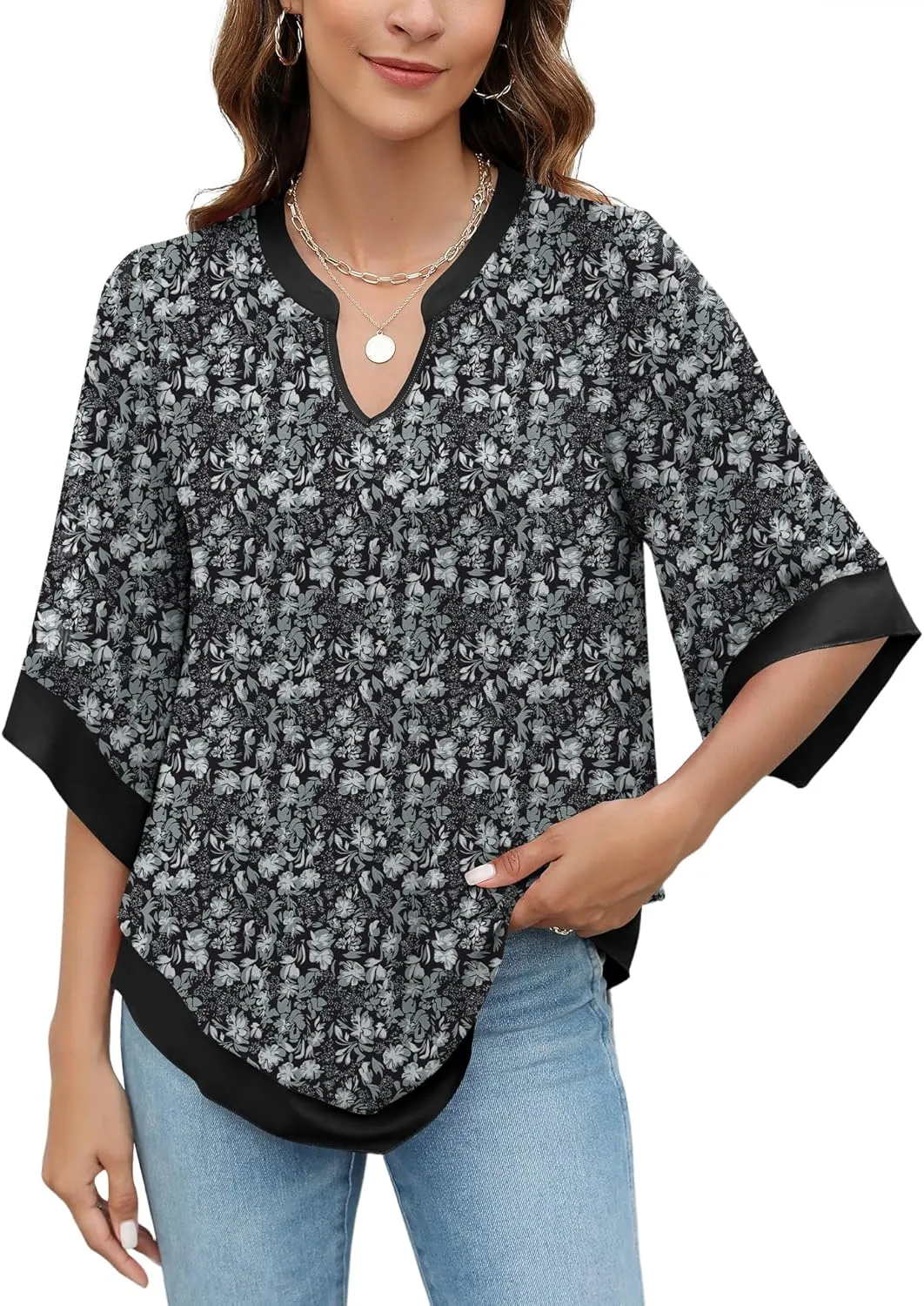 Micoson Womens 3/4 Sleeve Chiffon Blouses V Neck Double Layers Mesh Shirts Dressy Flowy Tunic Tops