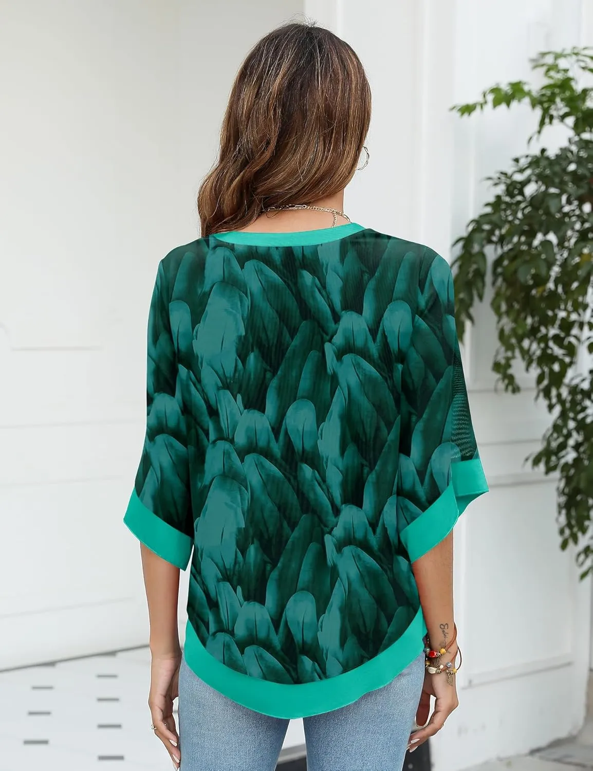 Micoson Womens 3/4 Sleeve Chiffon Blouses V Neck Double Layers Mesh Shirts Dressy Flowy Tunic Tops