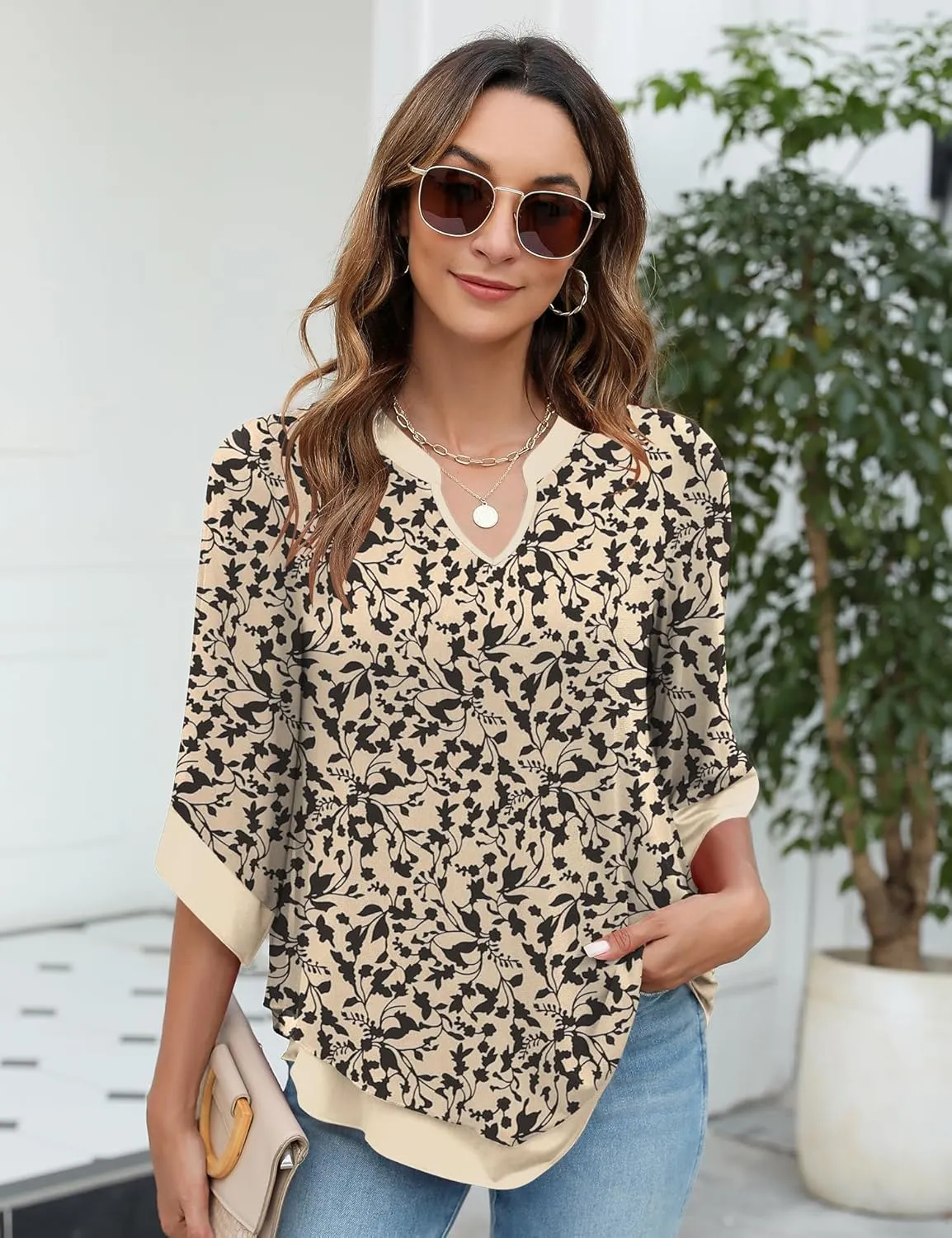 Micoson Womens 3/4 Sleeve Chiffon Blouses V Neck Double Layers Mesh Shirts Dressy Flowy Tunic Tops