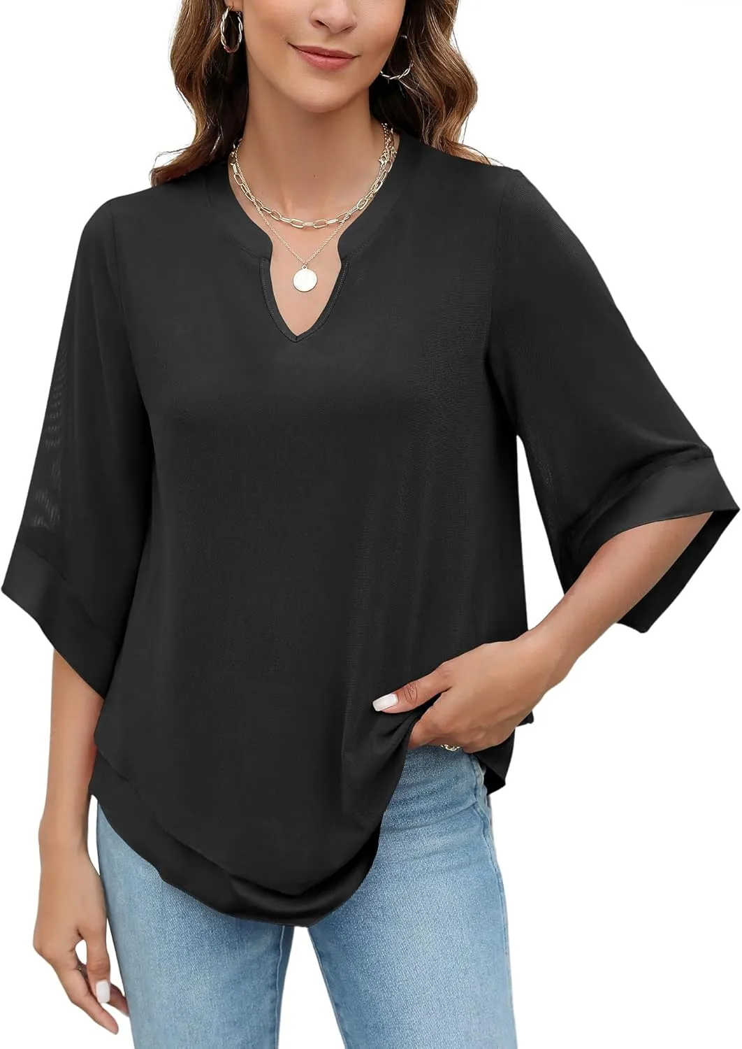 Micoson Womens 3/4 Sleeve Chiffon Blouses V Neck Double Layers Mesh Shirts Dressy Flowy Tunic Tops