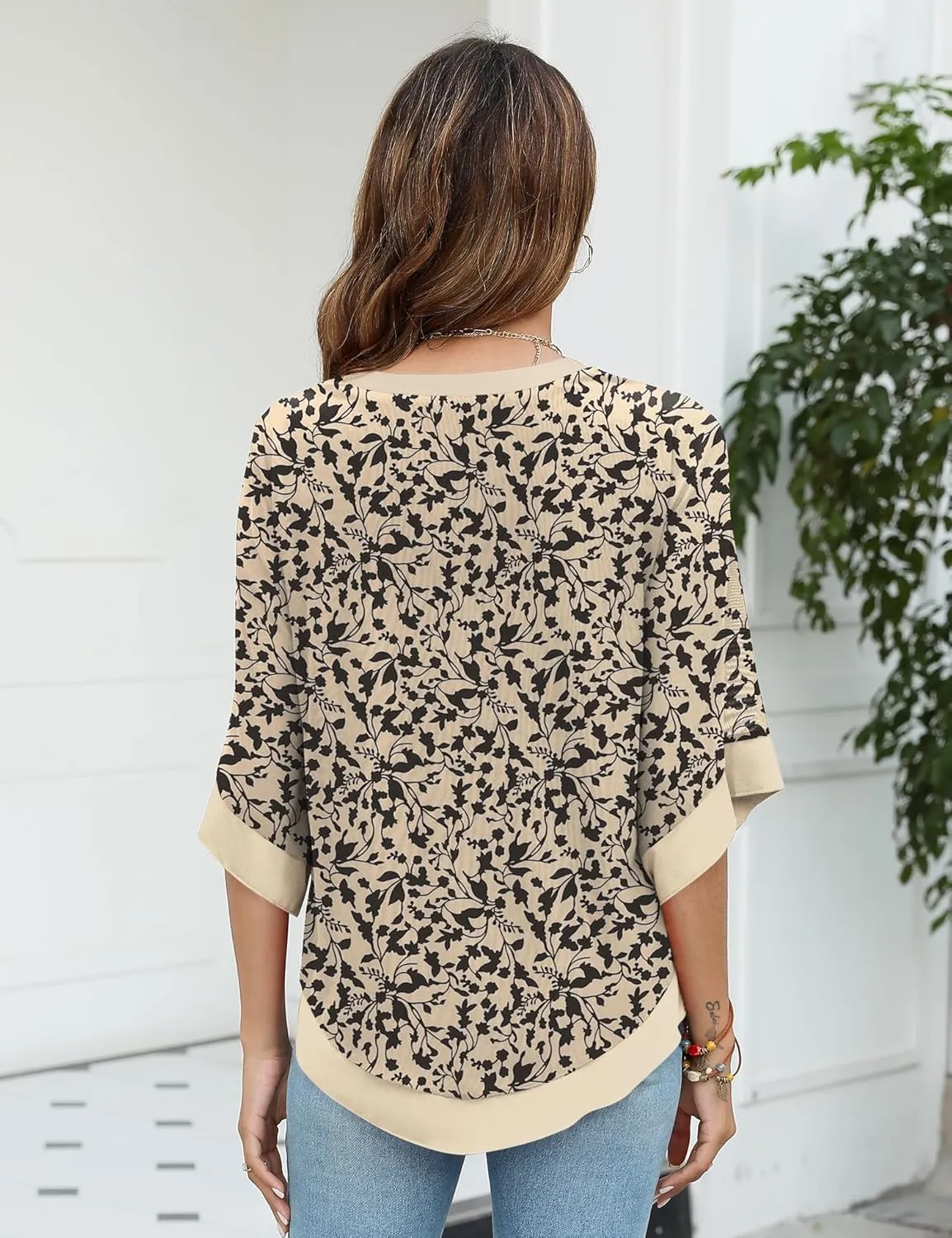 Micoson Womens 3/4 Sleeve Chiffon Blouses V Neck Double Layers Mesh Shirts Dressy Flowy Tunic Tops