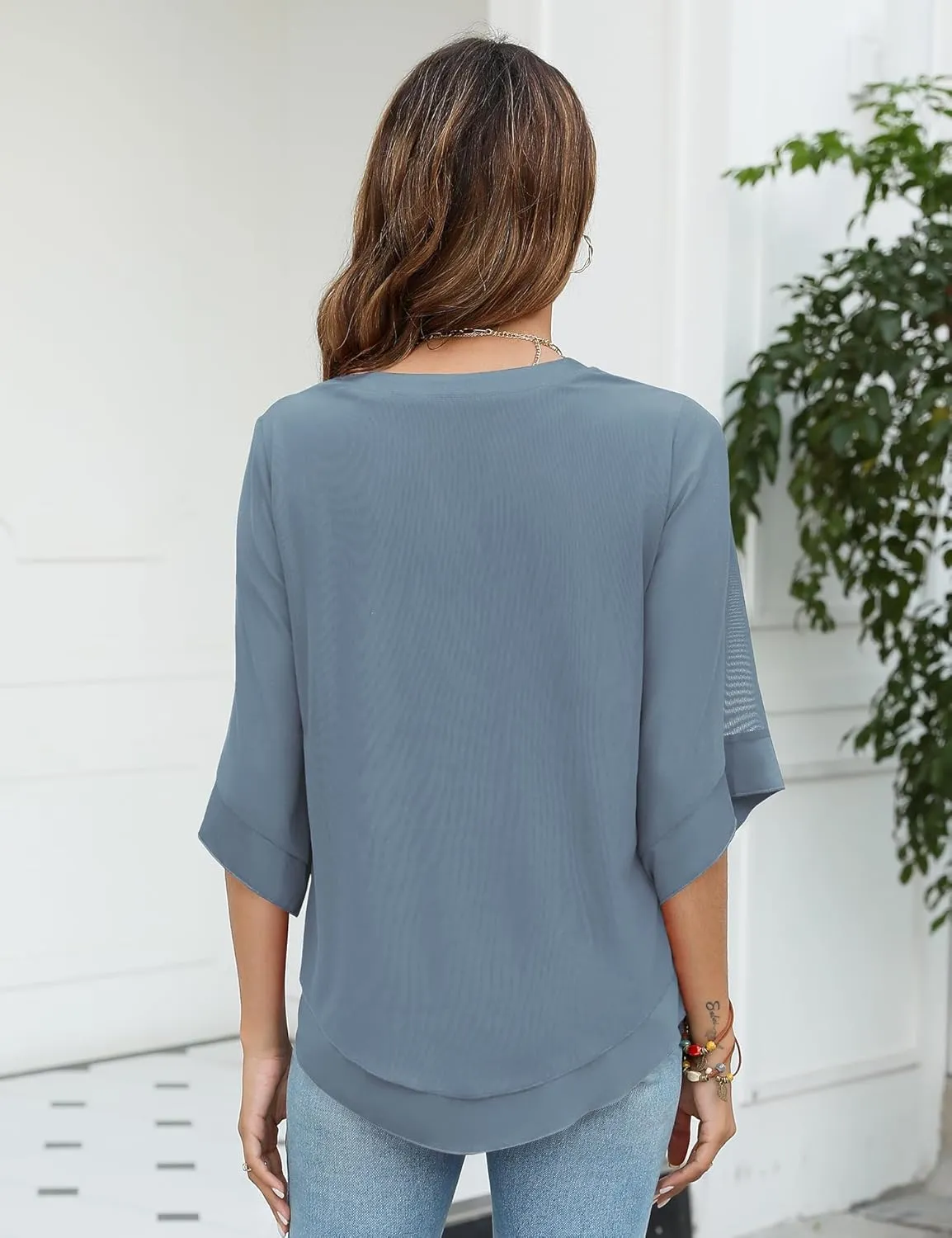 Micoson Womens 3/4 Sleeve Chiffon Blouses V Neck Double Layers Mesh Shirts Dressy Flowy Tunic Tops