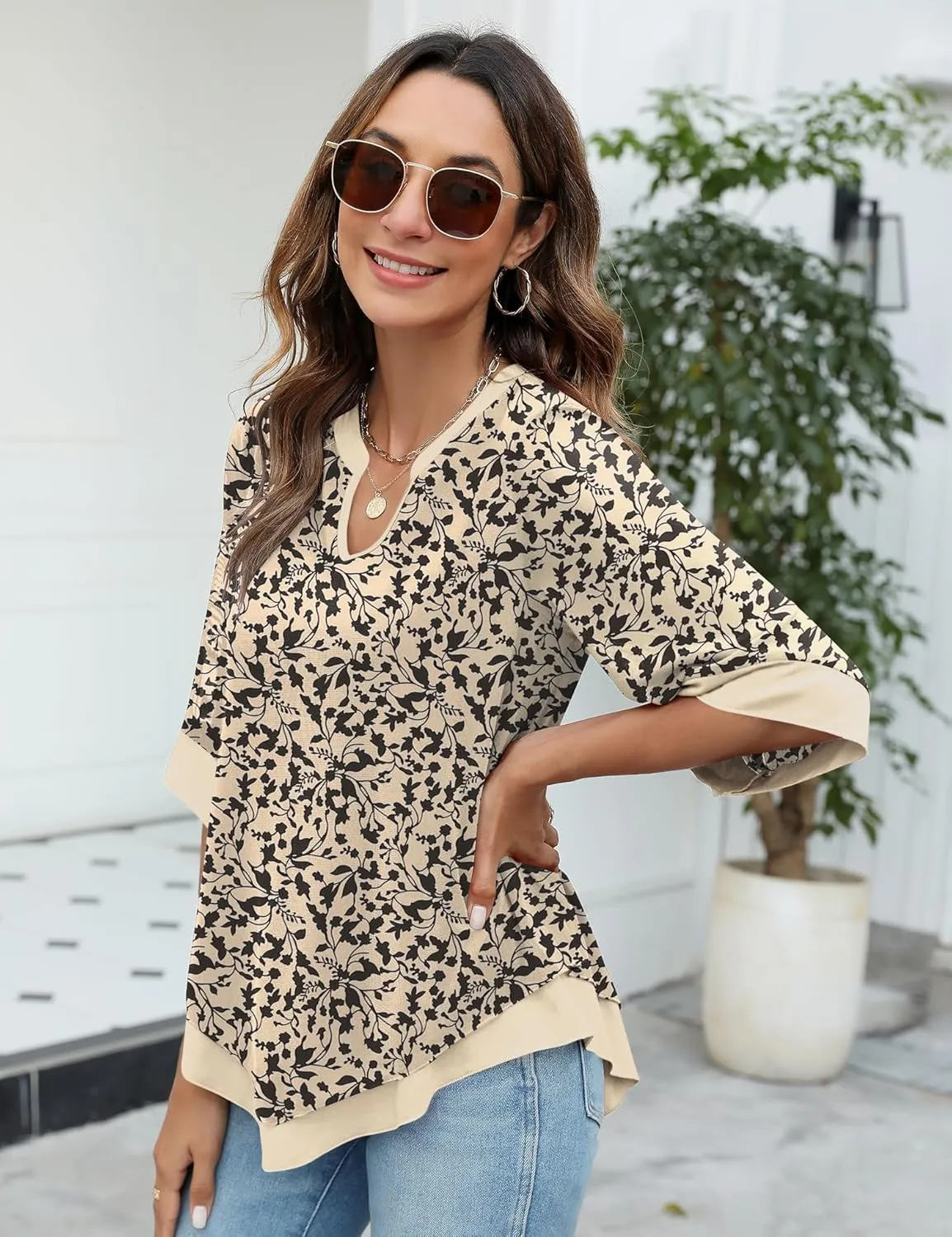 Micoson Womens 3/4 Sleeve Chiffon Blouses V Neck Double Layers Mesh Shirts Dressy Flowy Tunic Tops