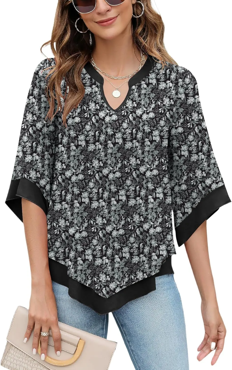 Micoson Womens 3/4 Sleeve Chiffon Blouses V Neck Double Layers Mesh Shirts Dressy Flowy Tunic Tops
