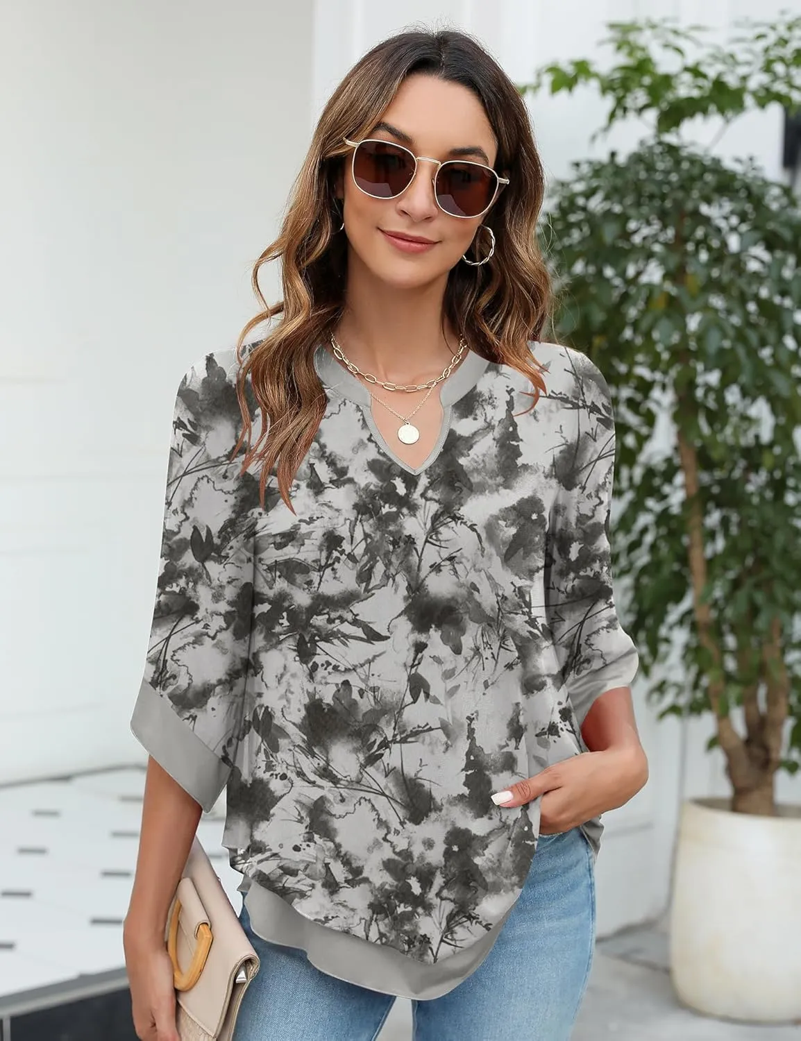 Micoson Womens 3/4 Sleeve Chiffon Blouses V Neck Double Layers Mesh Shirts Dressy Flowy Tunic Tops