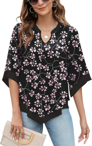 Micoson Womens 3/4 Sleeve Chiffon Blouses V Neck Double Layers Mesh Shirts Dressy Flowy Tunic Tops