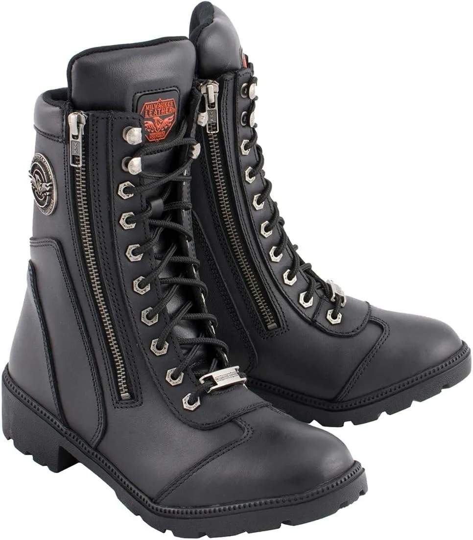 Milwaukee Leather MBL9301 Women's Black Leather Lace-Up Motorcycle Biker Riding Boots with Side Zipper Entry - 11