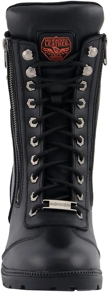 Milwaukee Leather MBL9301 Women's Black Leather Lace-Up Motorcycle Biker Riding Boots with Side Zipper Entry - 11