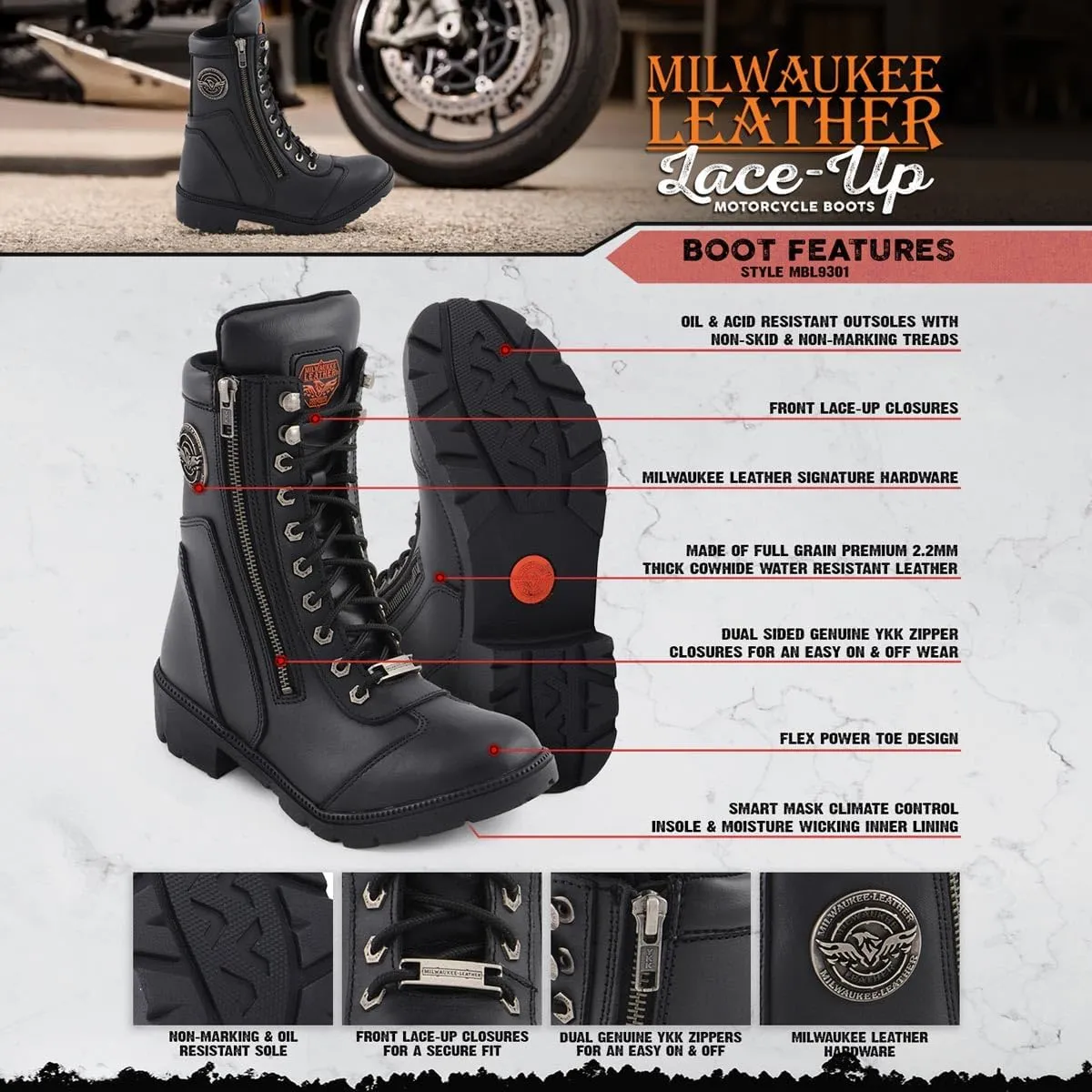 Milwaukee Leather MBL9301 Women's Black Leather Lace-Up Motorcycle Biker Riding Boots with Side Zipper Entry - 11