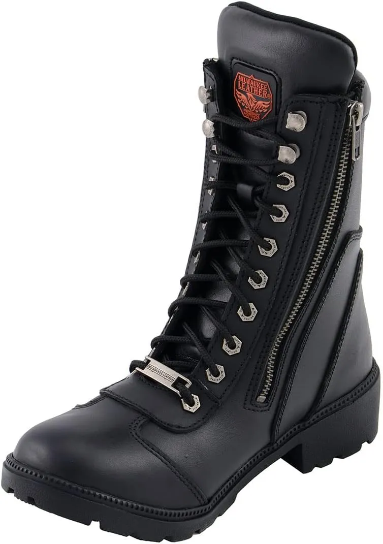 Milwaukee Leather MBL9301 Women's Black Leather Lace-Up Motorcycle Biker Riding Boots with Side Zipper Entry - 6.5