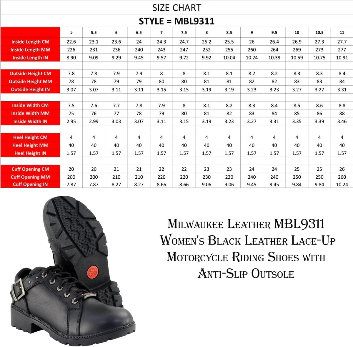 Milwaukee Leather MBL9311 Women's Black Leather Lace-Up Motorcycle Riding Shoes with Anti-Slip Outsole - 9