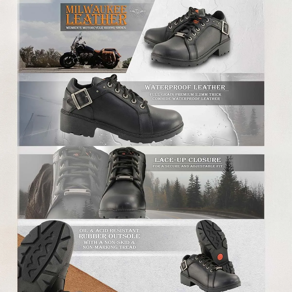 Milwaukee Leather MBL9311 Women's Black Leather Lace-Up Motorcycle Riding Shoes with Anti-Slip Outsole - 9