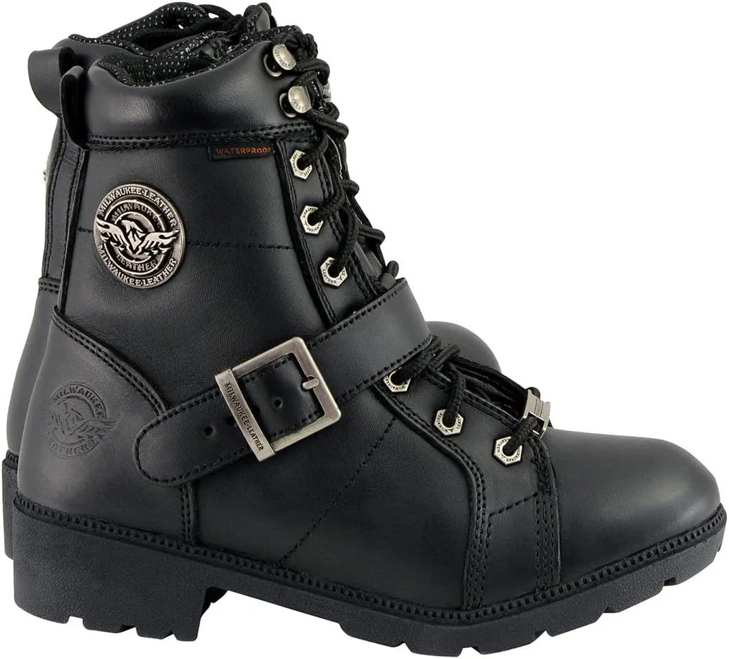 Milwaukee Leather MBL9326WP Women's Premium Black Leather Lace-Up Waterproof Motorcyle Rider Boots