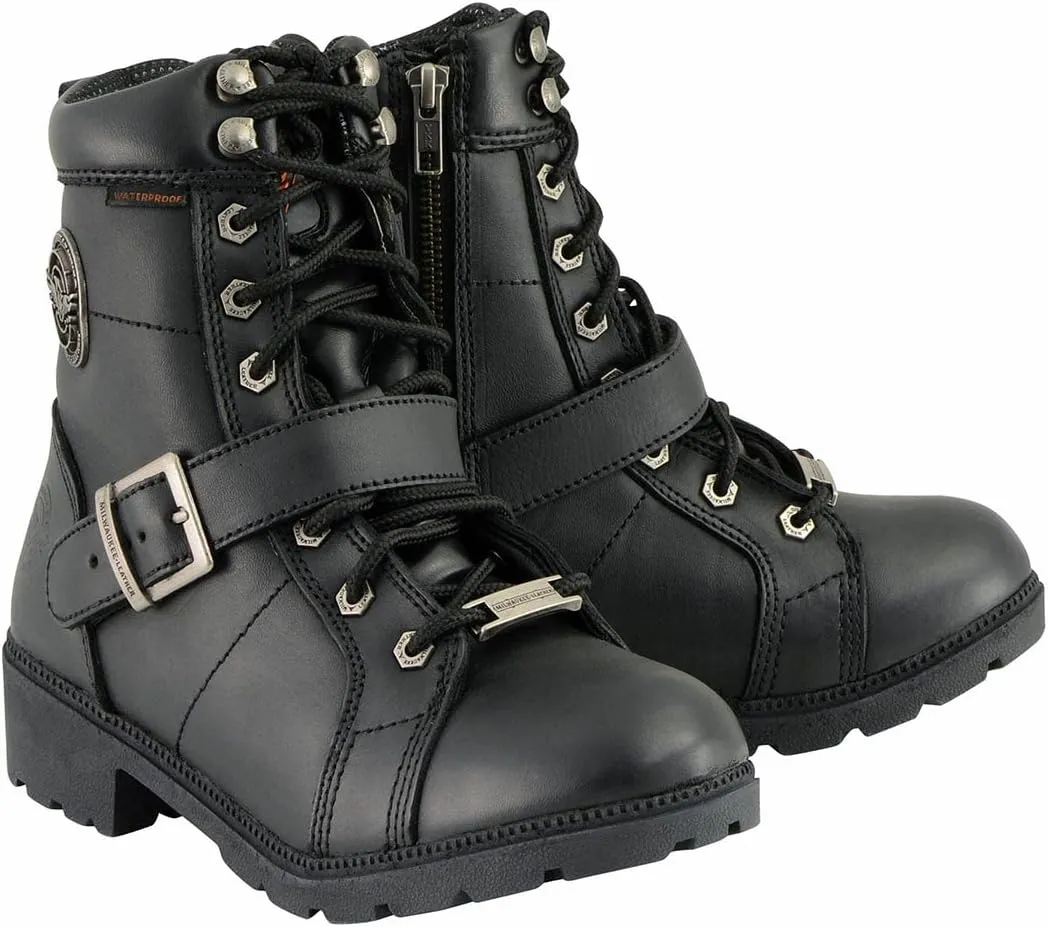 Milwaukee Leather MBL9326WP Women's Premium Black Leather Lace-Up Waterproof Motorcyle Rider Boots