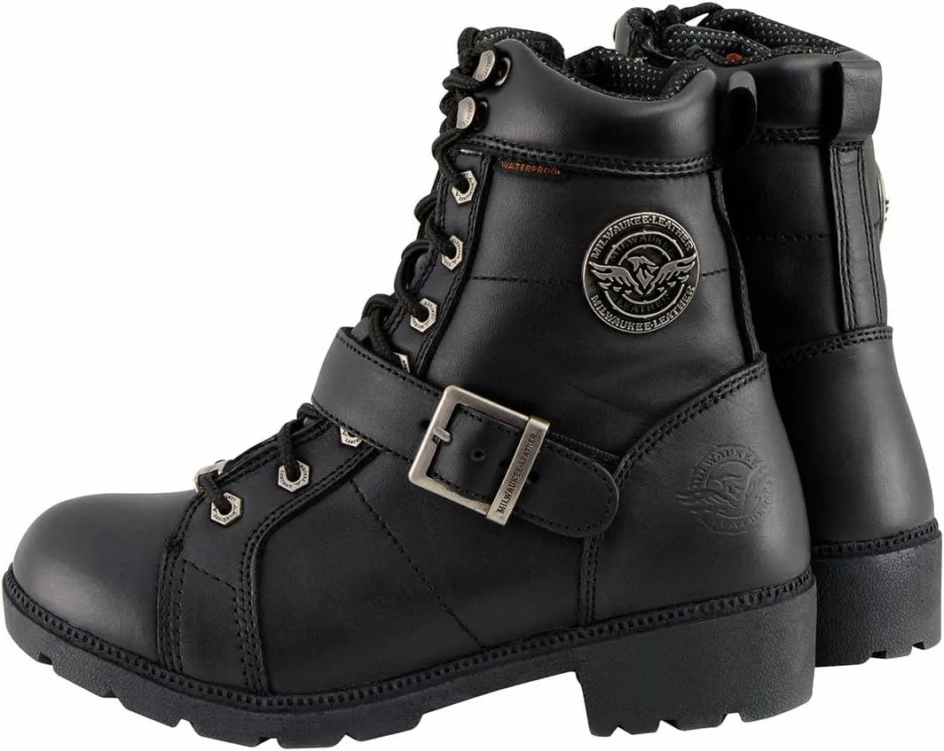 Milwaukee Leather MBL9326WP Women's Premium Black Leather Lace-Up Waterproof Motorcyle Rider Boots