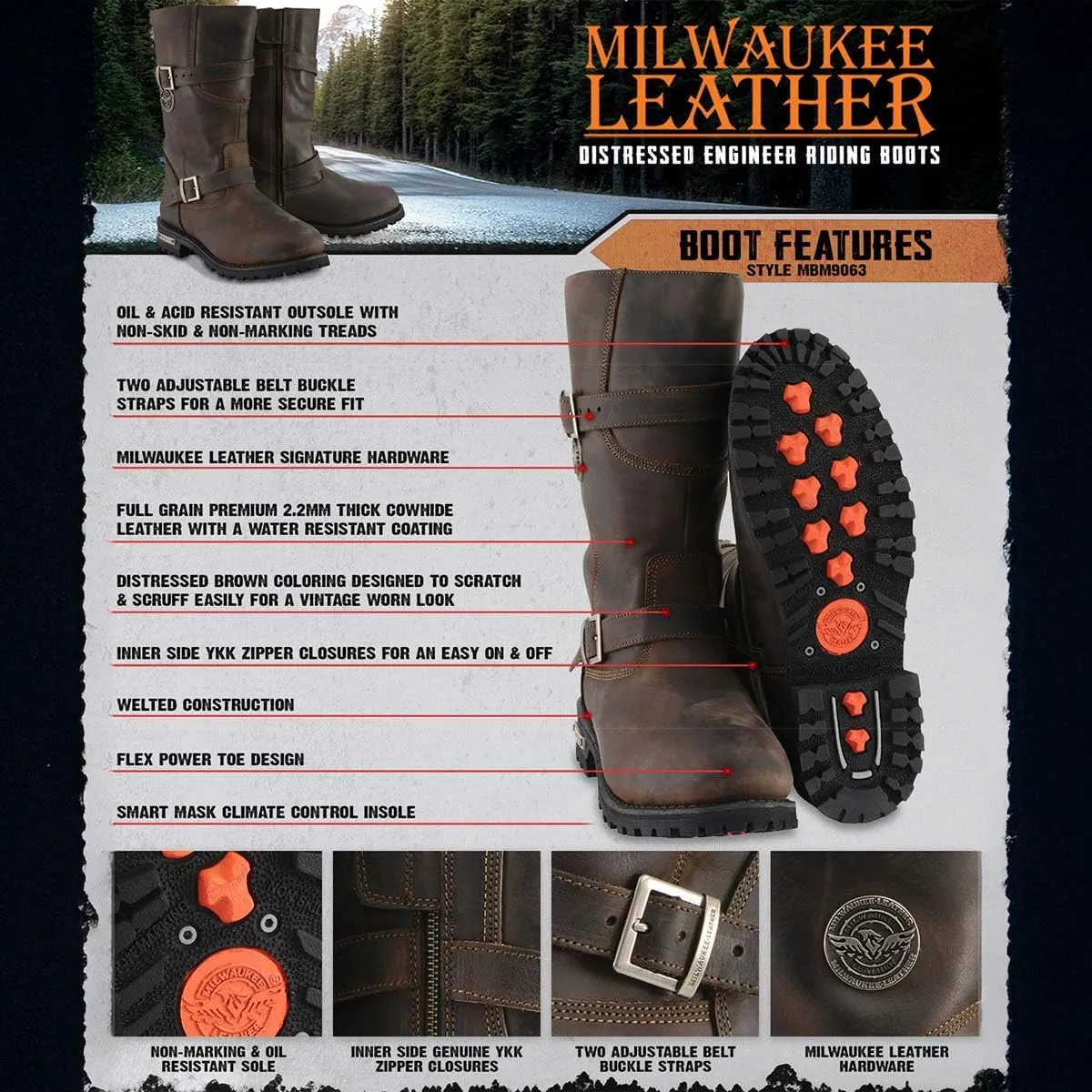 Milwaukee Leather MBM9063 Men's Classic Distressed Brown Leather Motorcycle Engineer Riding Biker Boots - 10.5