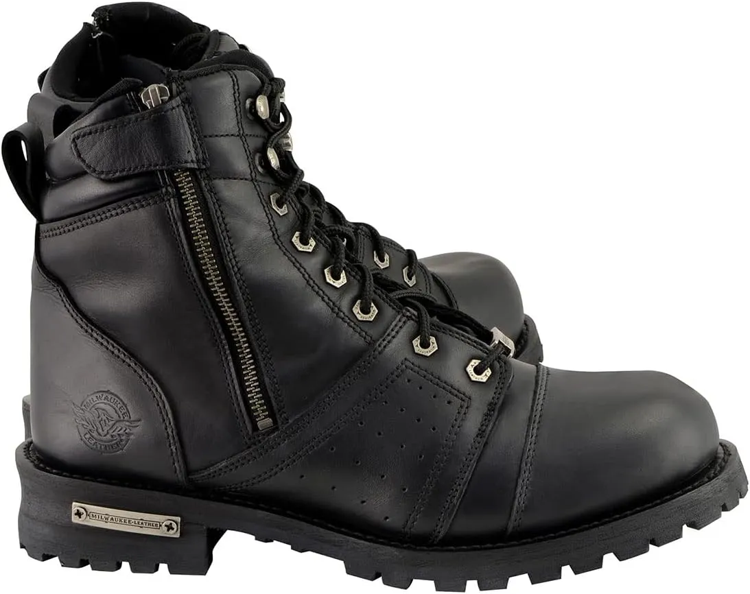 Milwaukee Leather Men's Black Lace-Up Wide-Width Motorcycle Leather Boots with Side Zipper Entry MBM9000W