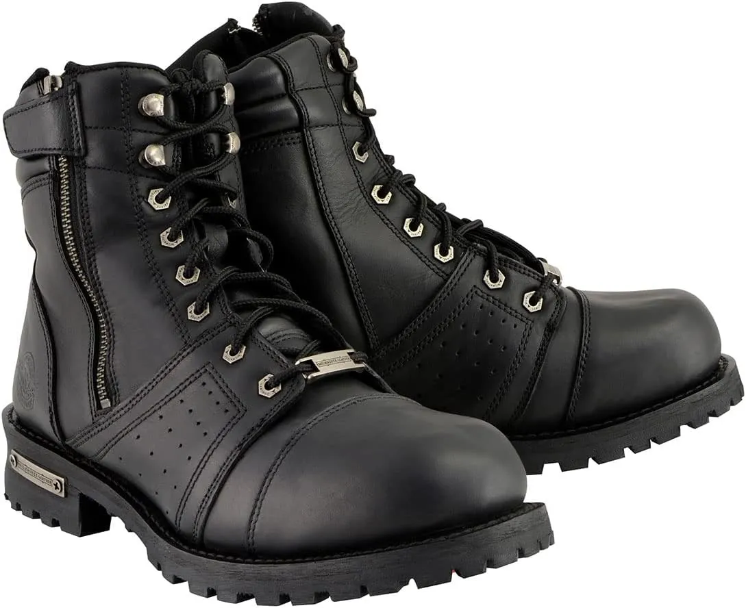 Milwaukee Leather Men's Black Lace-Up Wide-Width Motorcycle Leather Boots with Side Zipper Entry MBM9000W