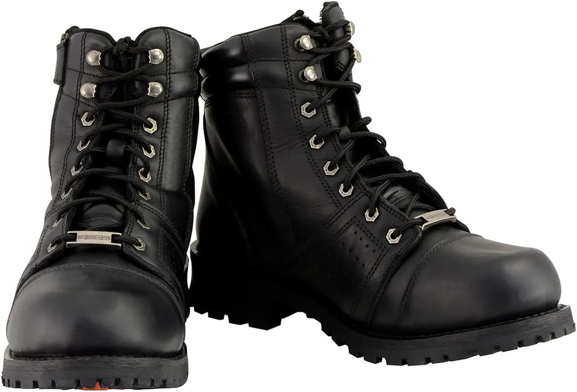 Milwaukee Leather Men's Black Lace-Up Wide-Width Motorcycle Leather Boots with Side Zipper Entry MBM9000W