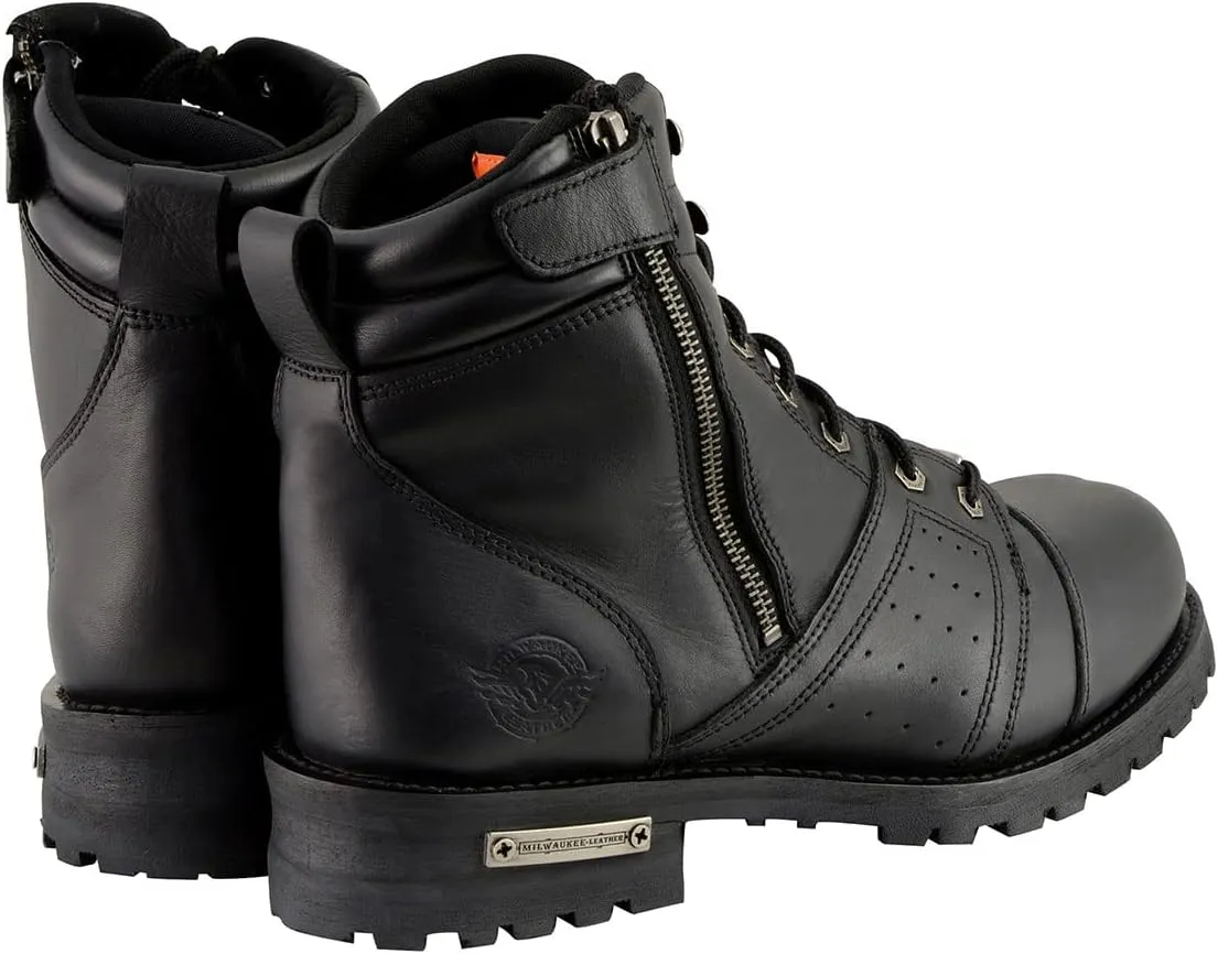 Milwaukee Leather Men's Black Lace-Up Wide-Width Motorcycle Leather Boots with Side Zipper Entry MBM9000W