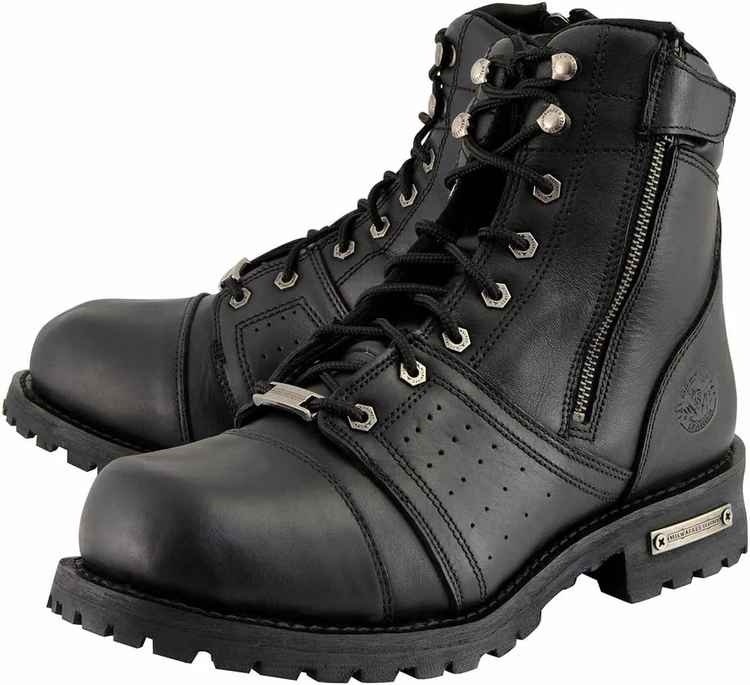Milwaukee Leather Men's Black Lace-Up Wide-Width Motorcycle Leather Boots with Side Zipper Entry MBM9000W