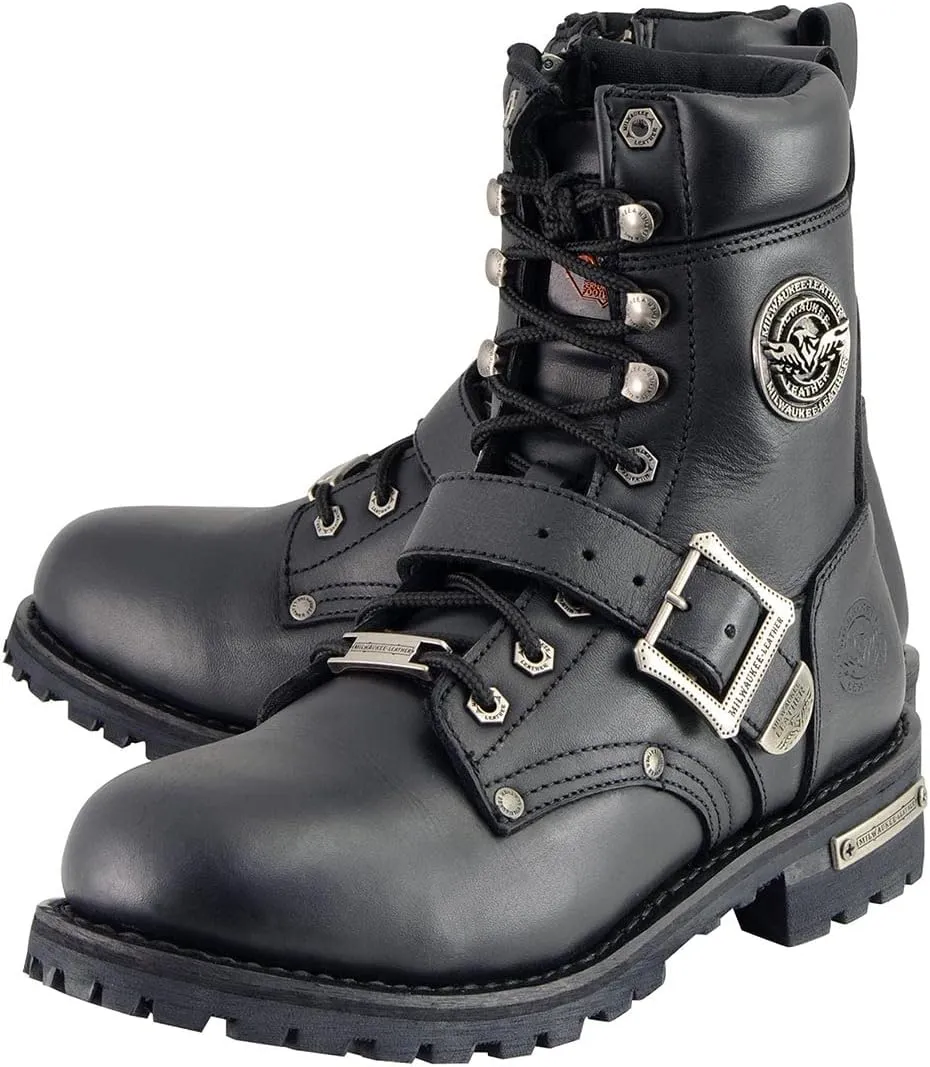 Milwaukee Leather Men's Black Leather Lace-Up Engineer Motorcycle Boots w/Buckles and Side Zipper MBM101-7