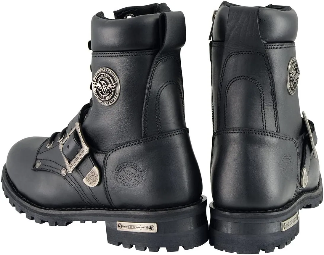 Milwaukee Leather Men's Black Leather Lace-Up Engineer Motorcycle Boots w/Buckles and Side Zipper MBM101-7