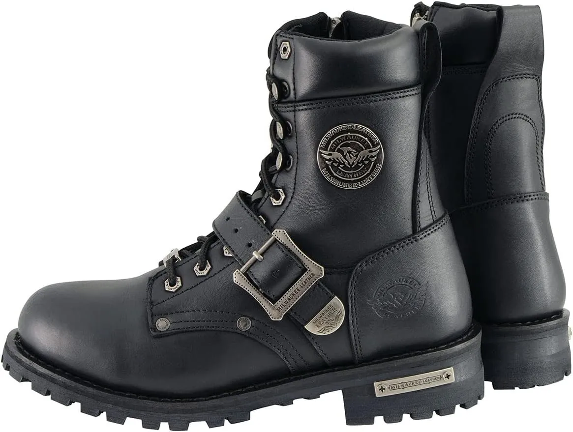 Milwaukee Leather Men's Black Leather Lace-Up Engineer Motorcycle Boots w/Buckles and Side Zipper MBM101-7