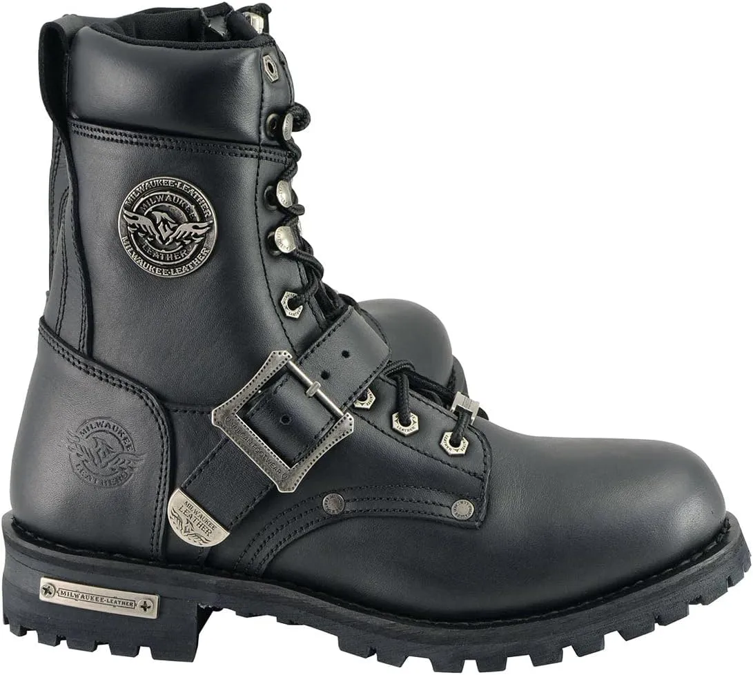 Milwaukee Leather Men's Black Leather Lace-Up Engineer Motorcycle Boots w/Buckles and Side Zipper MBM101-7
