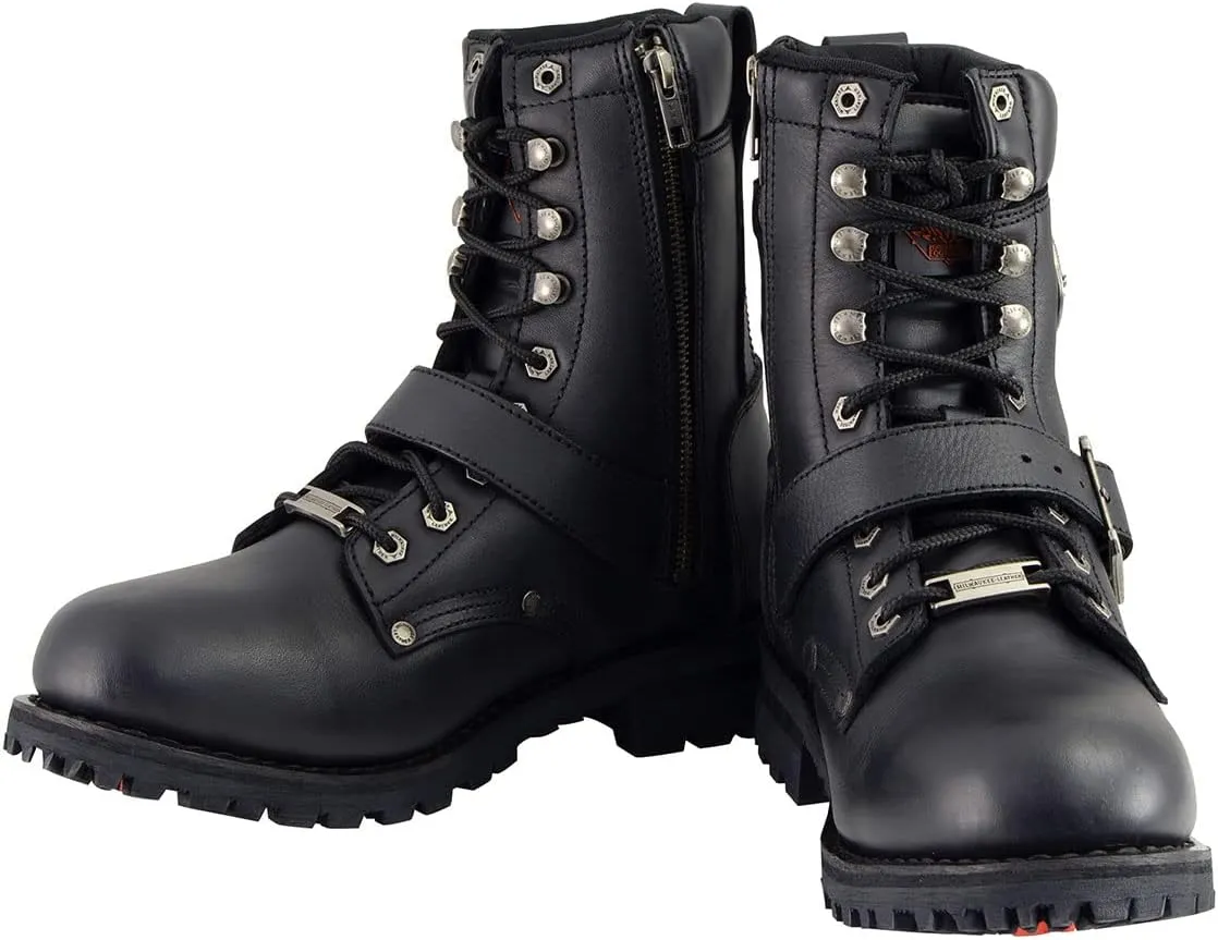 Milwaukee Leather Men's Black Leather Lace-Up Engineer Motorcycle Boots w/Buckles and Side Zipper MBM101-7