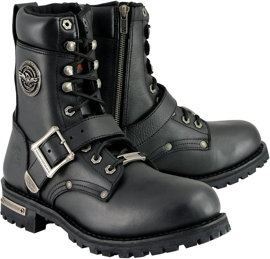 Milwaukee Leather Men's Black Leather Lace-Up Engineer Motorcycle Boots w/Buckles and Side Zipper MBM101-7