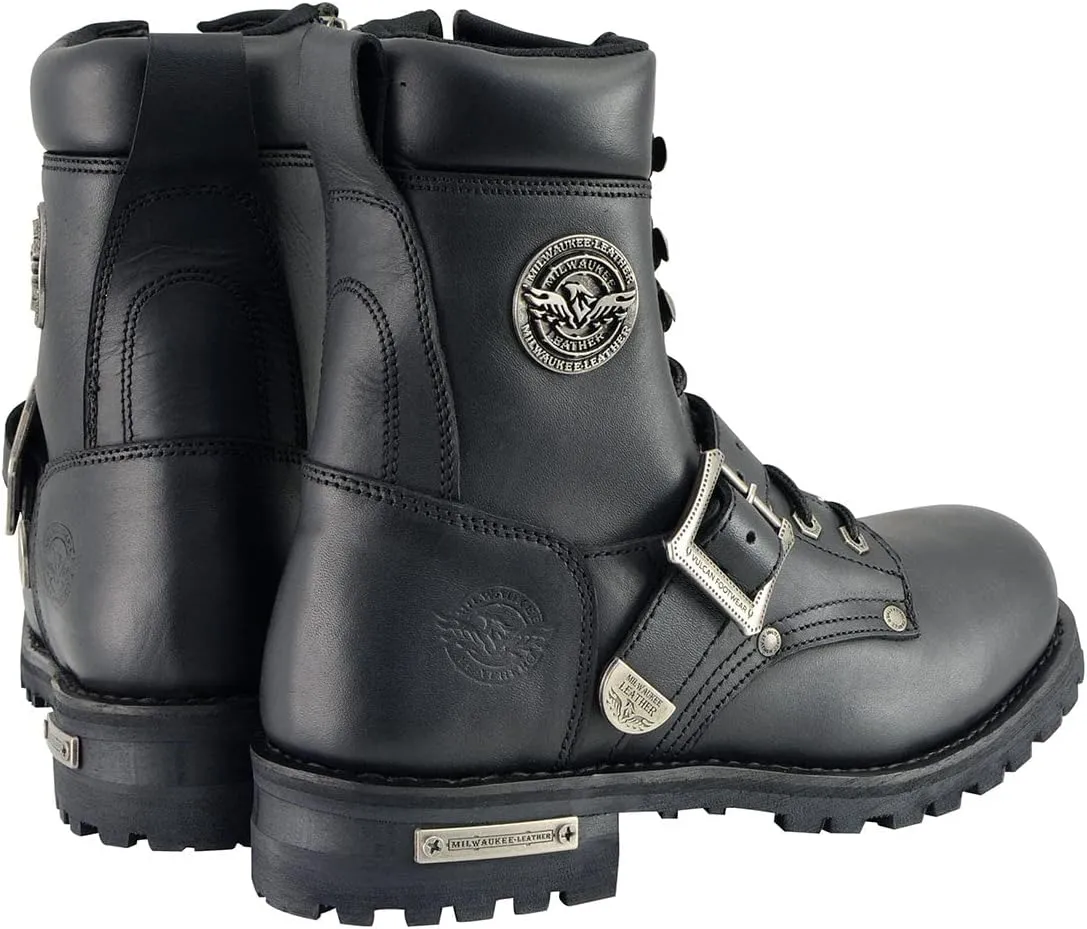 Milwaukee Leather Men's Black Leather Lace-Up Engineer Motorcycle Boots w/Buckles and Side Zipper MBM101-7