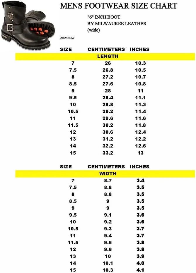 Milwaukee Leather Men's Black Leather Wide Width 6-inch Classic Engineer Motorcycle Boots w/Side Zipper MBM9040W - 10.5W