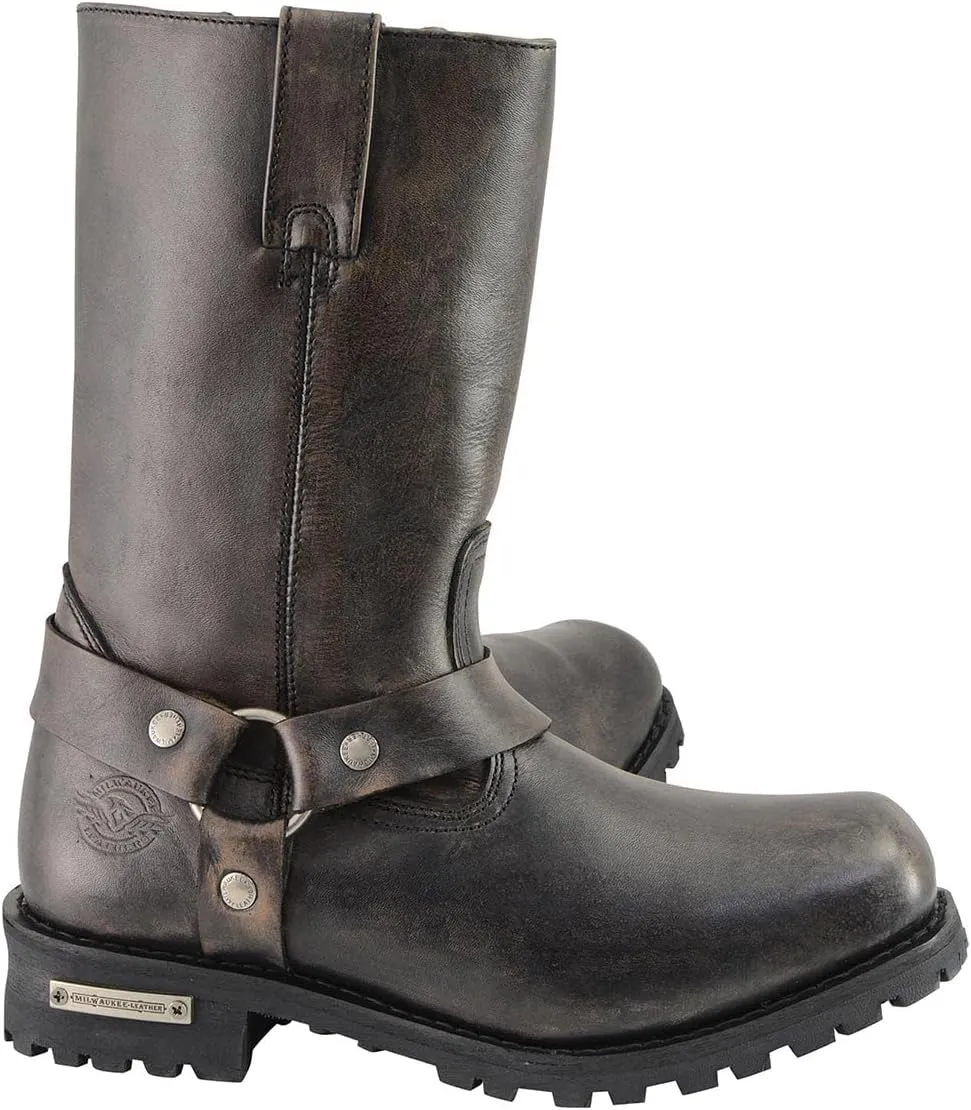 Milwaukee Leather Men's Distressed Brown Leather Wide Width 11-inch Square Toe Harness Motorcycle Boots MBM9005W
