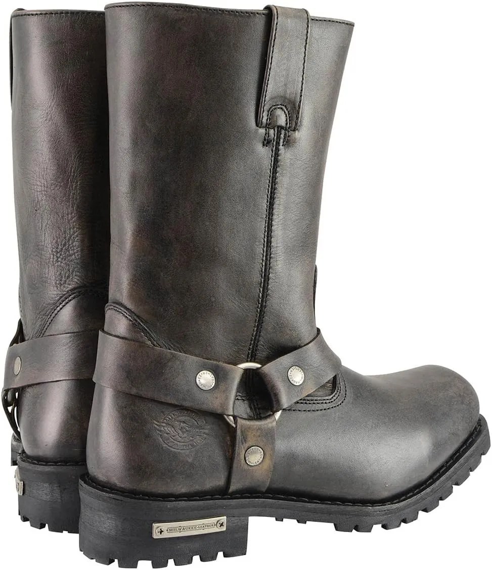 Milwaukee Leather Men's Distressed Brown Leather Wide Width 11-inch Square Toe Harness Motorcycle Boots MBM9005W