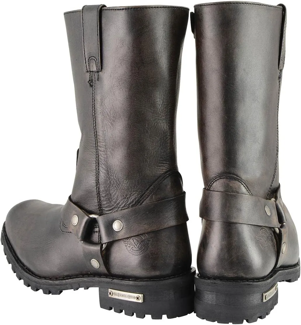 Milwaukee Leather Men's Distressed Brown Leather Wide Width 11-inch Square Toe Harness Motorcycle Boots MBM9005W