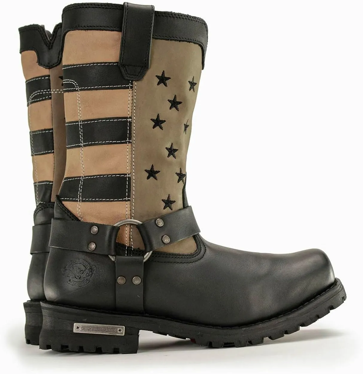 Milwaukee Leather Men's Stars and Stripes Black with Tan Motorcycle Rider Harness Boots MBM9045-13