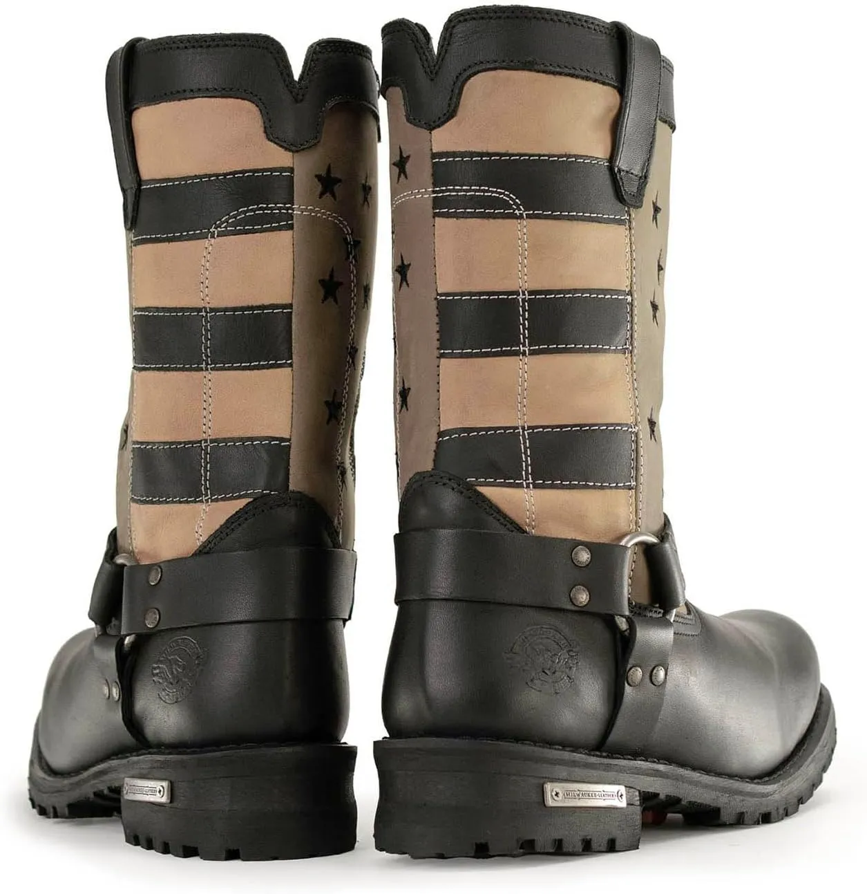 Milwaukee Leather Men's Stars and Stripes Black with Tan Motorcycle Rider Harness Boots MBM9045-13