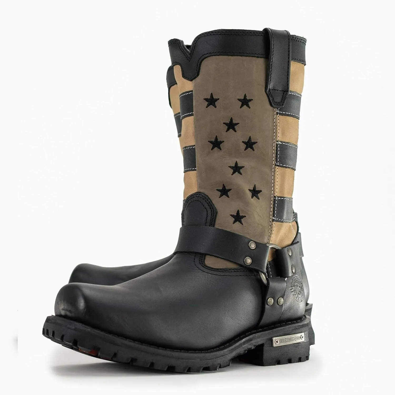 Milwaukee Leather Men's Stars and Stripes Black with Tan Motorcycle Rider Harness Boots MBM9045-13