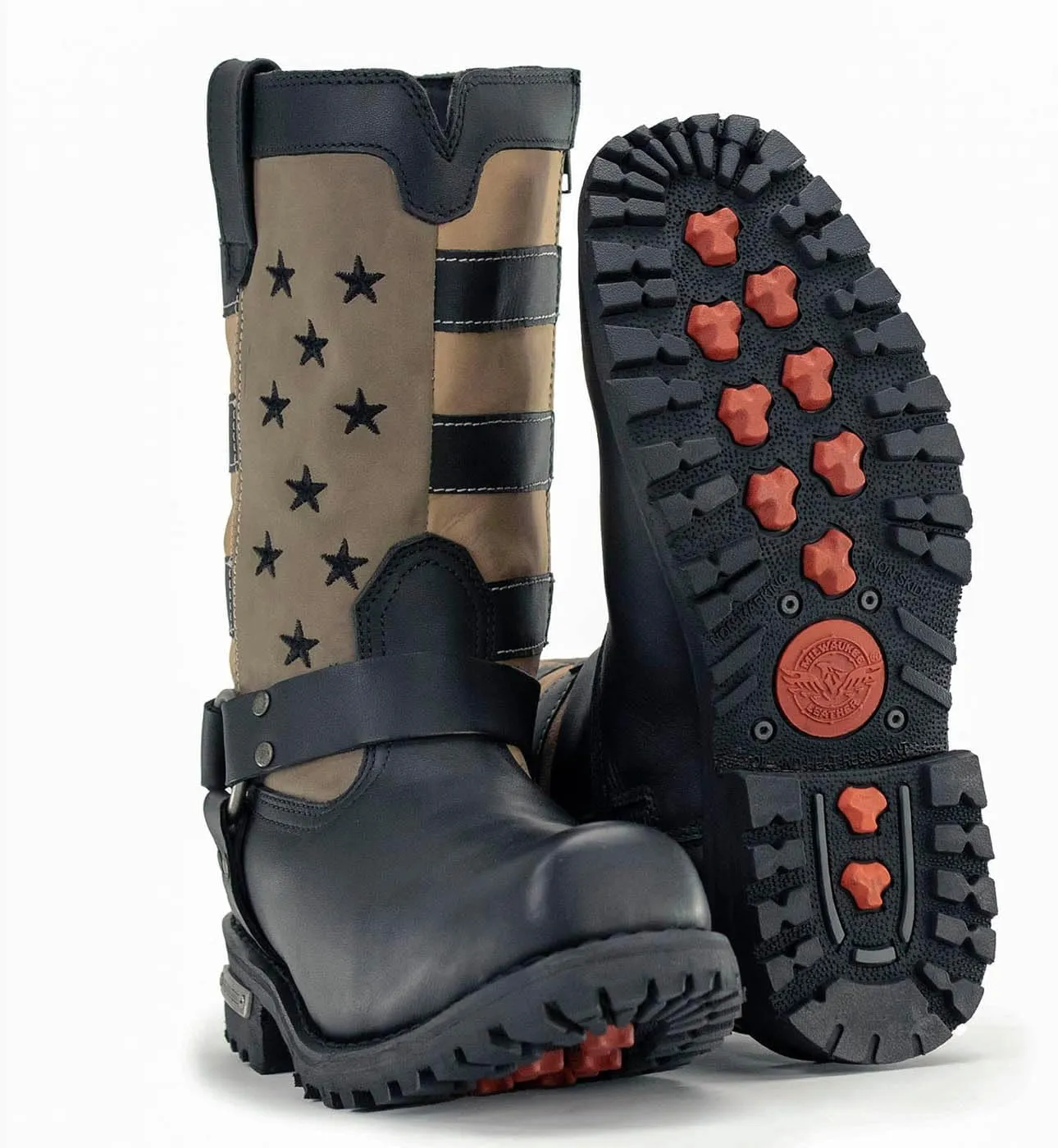 Milwaukee Leather Men's Stars and Stripes Black with Tan Motorcycle Rider Harness Boots MBM9045-13