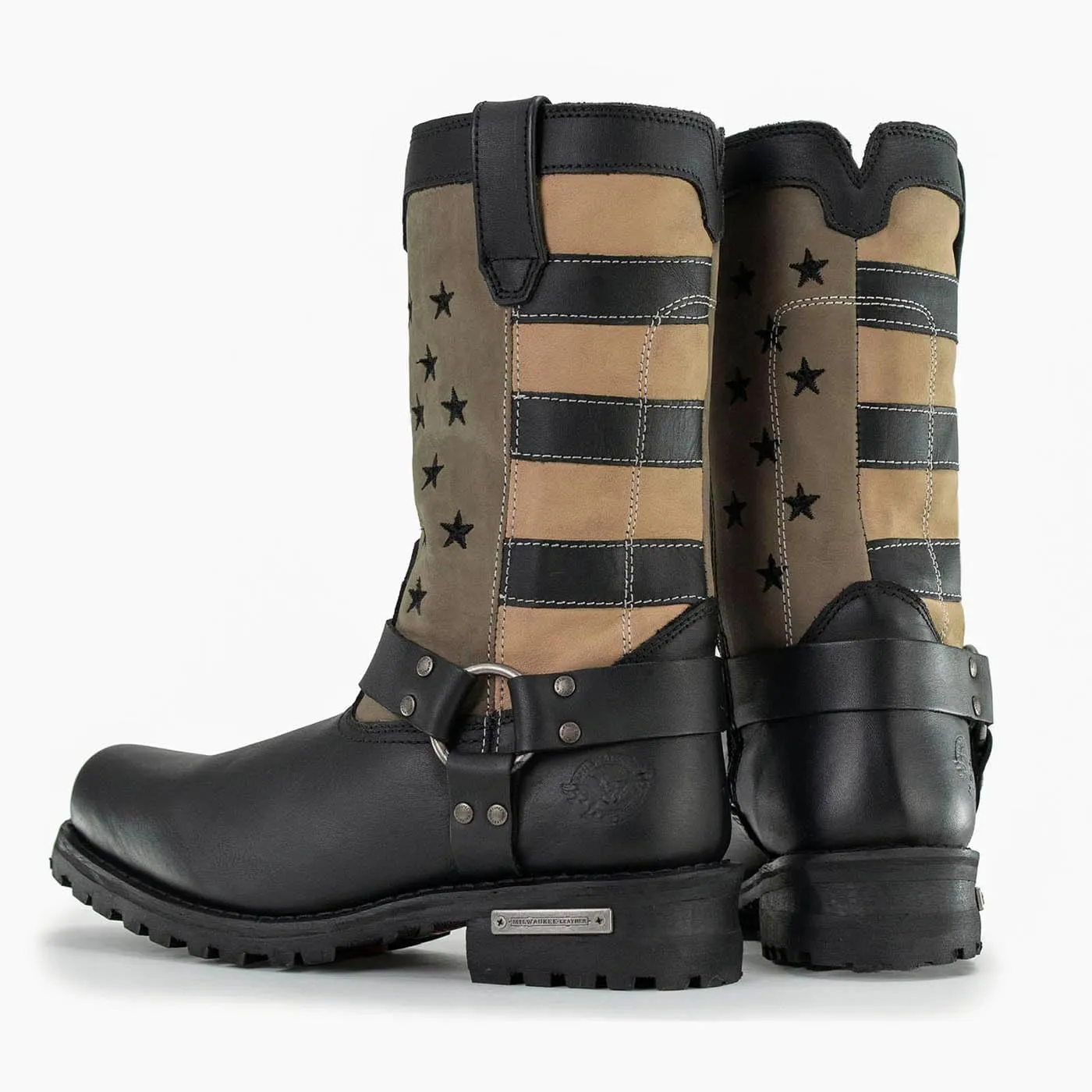 Milwaukee Leather Men's Stars and Stripes Black with Tan Motorcycle Rider Harness Boots MBM9045-13