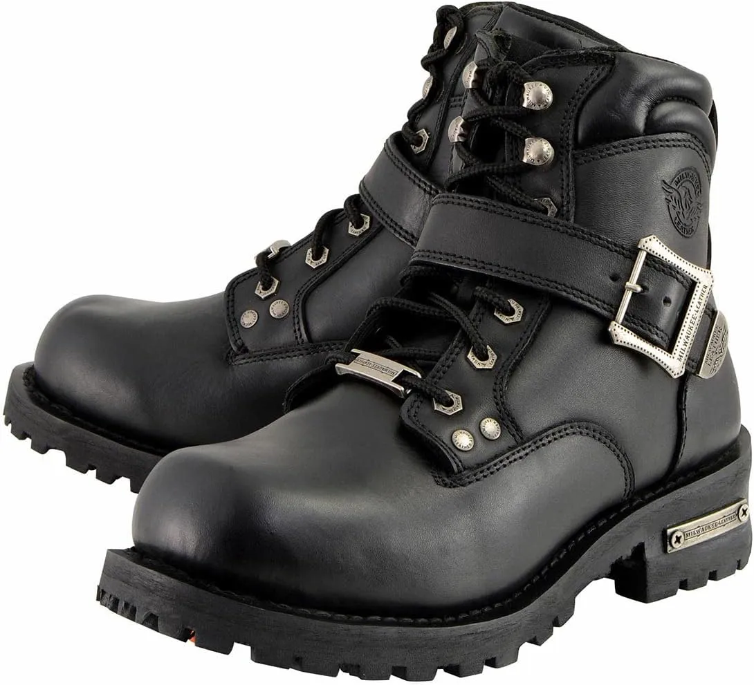 Milwaukee Leather Men's Wide-Width Classic Black Leather Lace-Up 6-inch Engineer Boots with Side Buckle MBM9010W - 10.5W