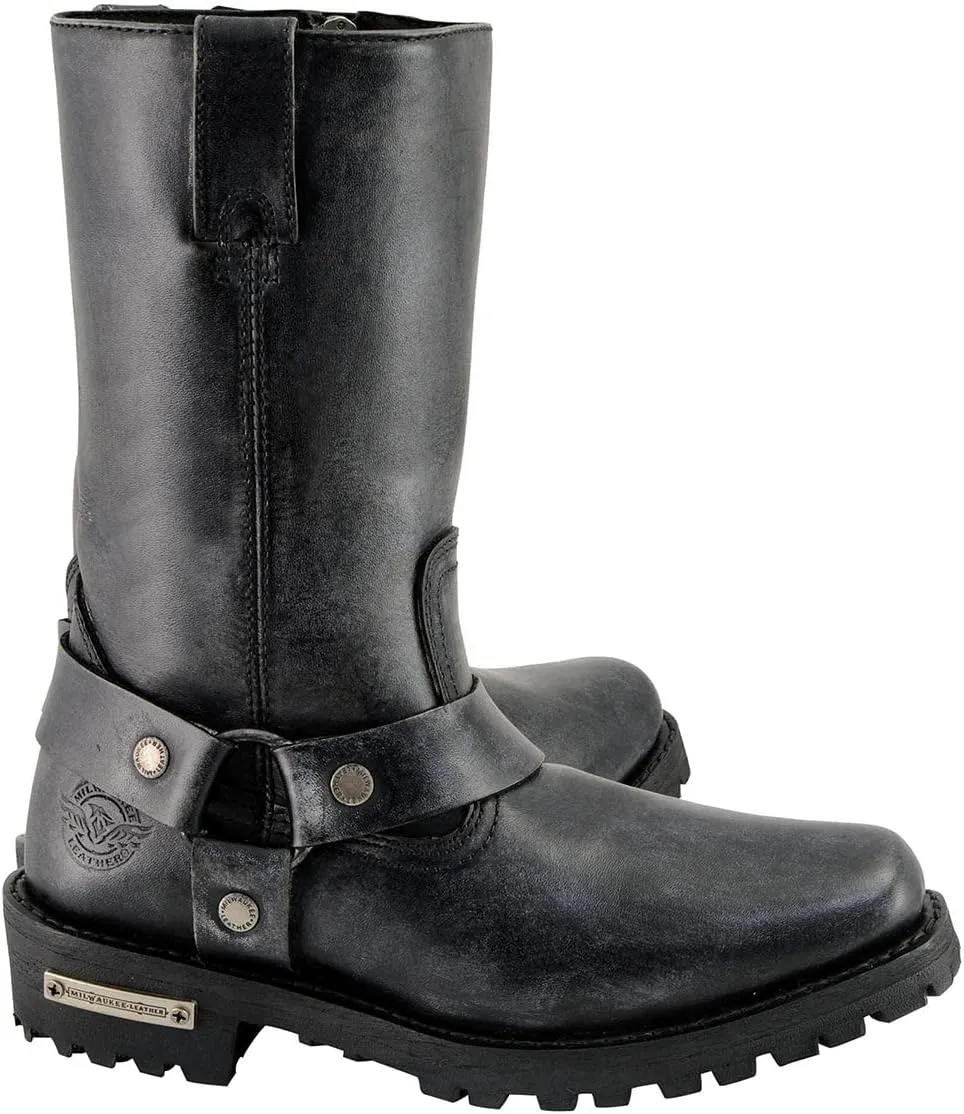 Milwaukee Leather Women's 11-Inch Distressed Grey Classic Harness Square Toe Leather Boots MBL9362-7.5