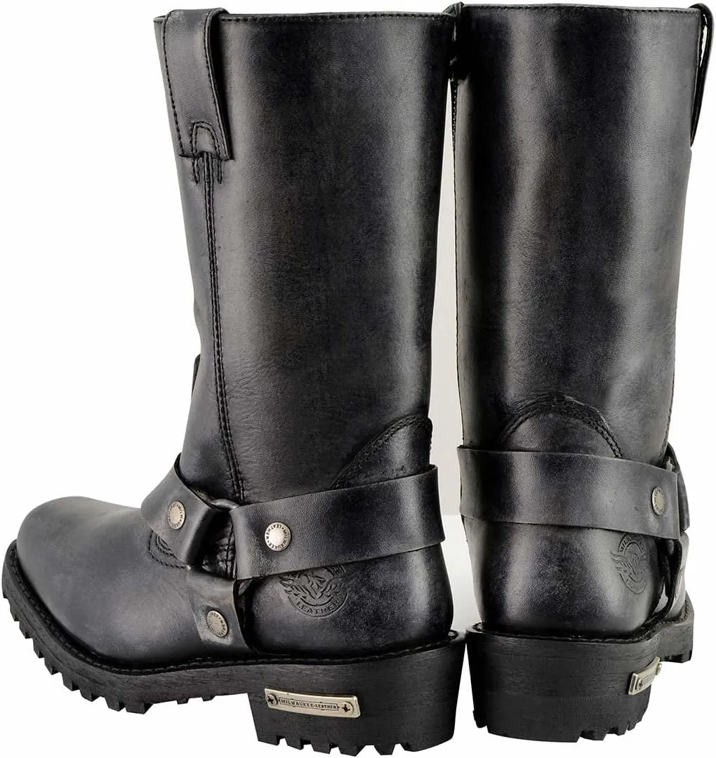 Milwaukee Leather Women's 11-Inch Distressed Grey Classic Harness Square Toe Leather Boots MBL9362-7.5
