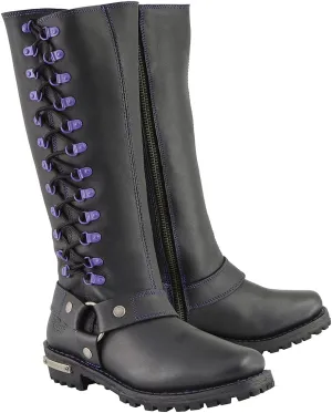 Milwaukee Leather Women's Black 14-inch Leather Harness Motorcycle Boots with Purple Accent Lacing MBL9366-8.5