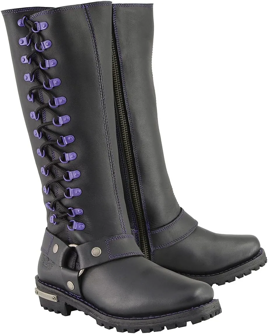 Milwaukee Leather Women's Black 14-inch Leather Harness Motorcycle Boots with Purple Accent Lacing MBL9366-8.5