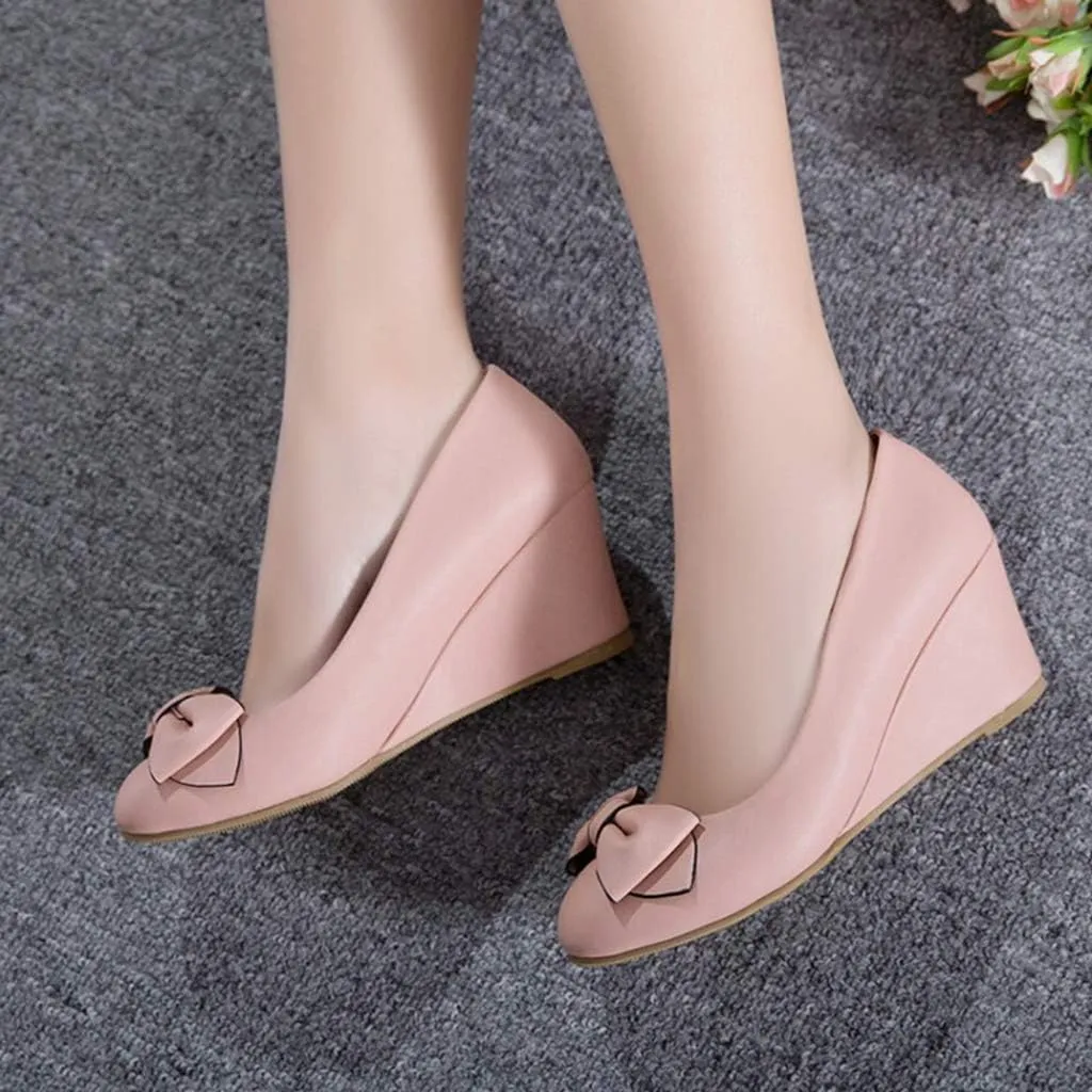 MIOKE Women's Round Toe Mid Wedge Heel Pumps Bow Slip-On Leather Comfortable Chunky Walking Dress Shoes