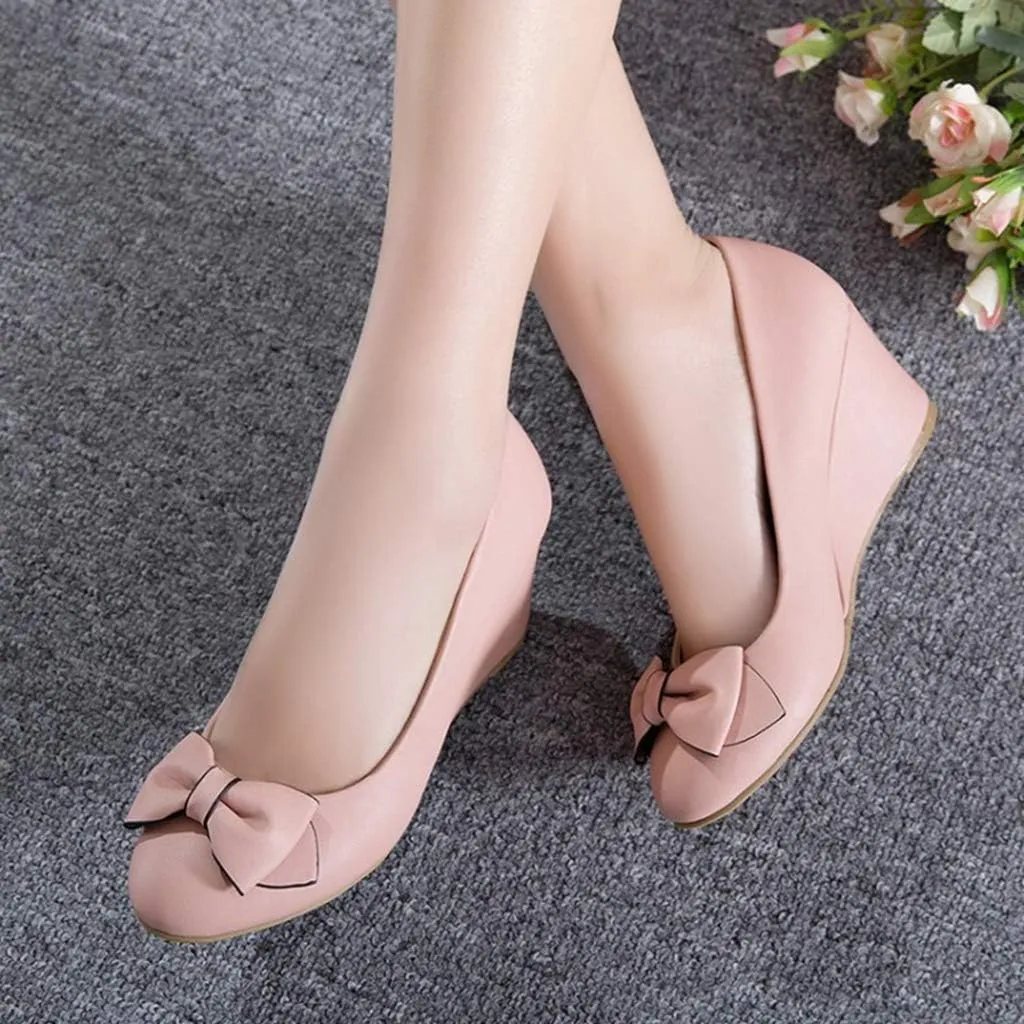 MIOKE Women's Round Toe Mid Wedge Heel Pumps Bow Slip-On Leather Comfortable Chunky Walking Dress Shoes