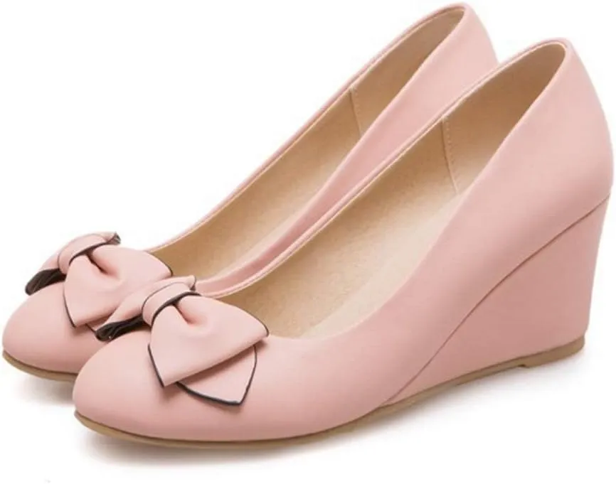 MIOKE Women's Round Toe Mid Wedge Heel Pumps Bow Slip-On Leather Comfortable Chunky Walking Dress Shoes