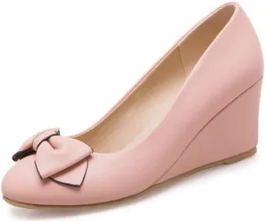 MIOKE Women's Round Toe Mid Wedge Heel Pumps Bow Slip-On Leather Comfortable Chunky Walking Dress Shoes